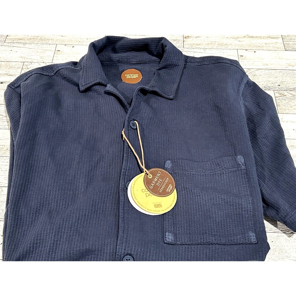 Dark Navy Blue Cotton LARGE Seersicker Summer Shirt $86 NWT Common People UK